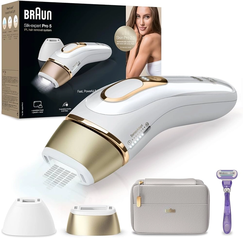 Braun Silk·expert Pro 5, épilateur à lumière pulsée, avec pochette, tête de précision et rasoir Venus, alternative à l’épilation au laser, Blanc/Doré, PL5157