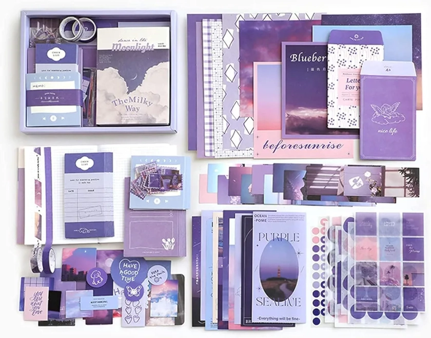ATIRAMANIYA Paper Vintage Aesthetic Scrapbook Kit(346Pcs) Scrapbooking Supplies Kit With Bullet Junk Journal,Stationery,A6 Grid Notebook Journaling Gift For Girl (Purple Scrapbook) : Amazon.in: Home & Kitchen