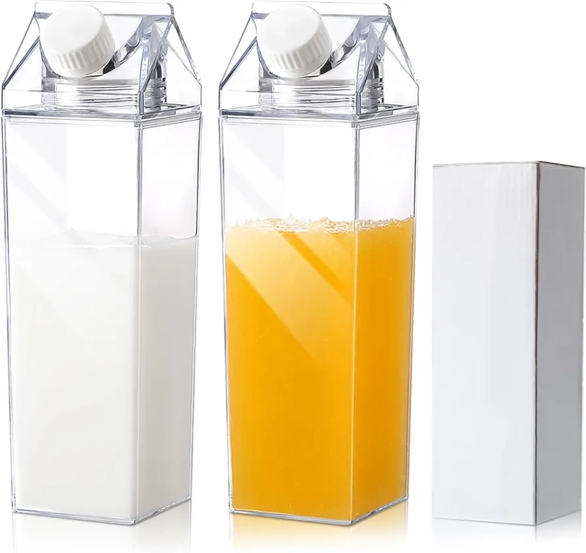 17 oz Milk Carton Water Bottles Plastic Clear Portable Reusable Box Shaped Container Juice Tea Jug for Travelling Sports Camping Outdoor Activities (2 Pieces)