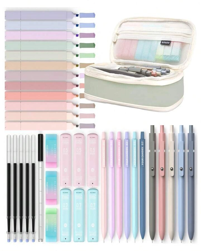 Mechanical Pencils Set 39 PCS Aesthetic School Supplies With Cute Pen Case, 12 Pastel Highlighters, 5 Black Ink Gel Pens, 6 Mechanical Pencils Set 0.5 & 0.7 Mm For Students College Essentials