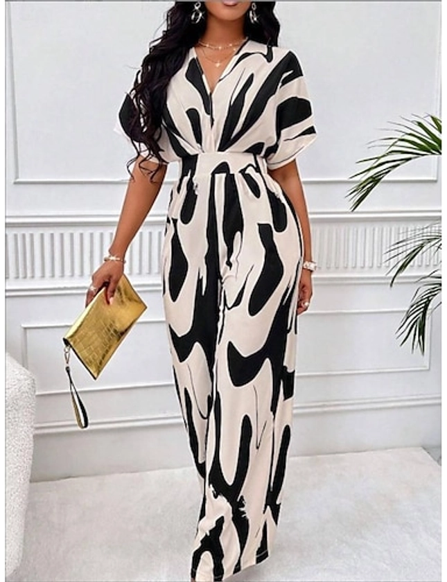 Women's Jumpsuit Print Color Block V Neck Elegant Work Daily Regular Fit Short Sleeve Butterfly Sleeve White Orange Brown S M L Summer 2024 - GBP £27