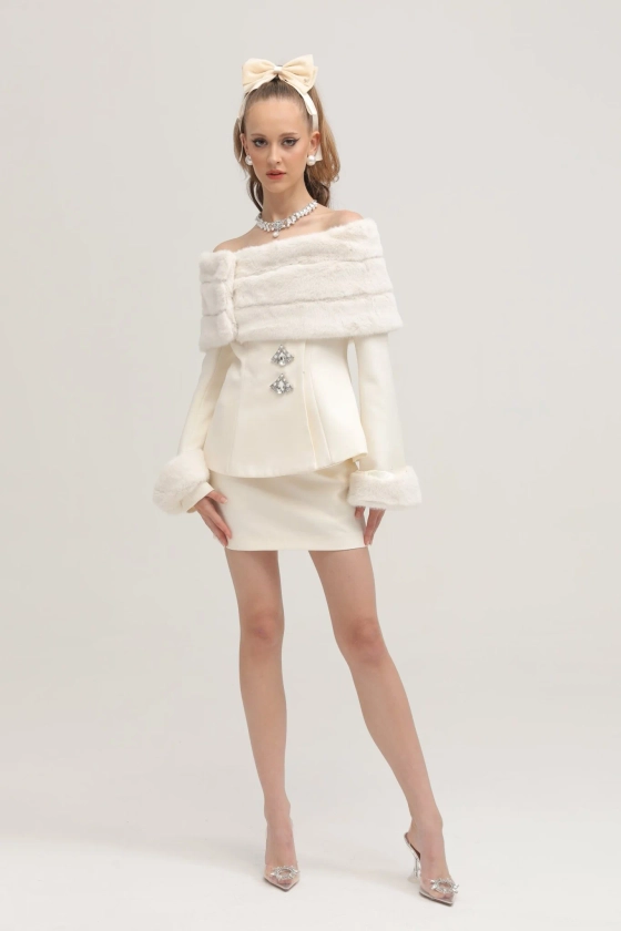 Caitlin white faux-fur jacket & skirt matching set