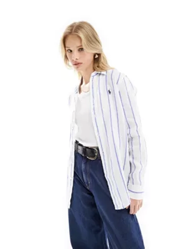 Polo Ralph Lauren linen stripe shirt with logo in white blue | ASOS