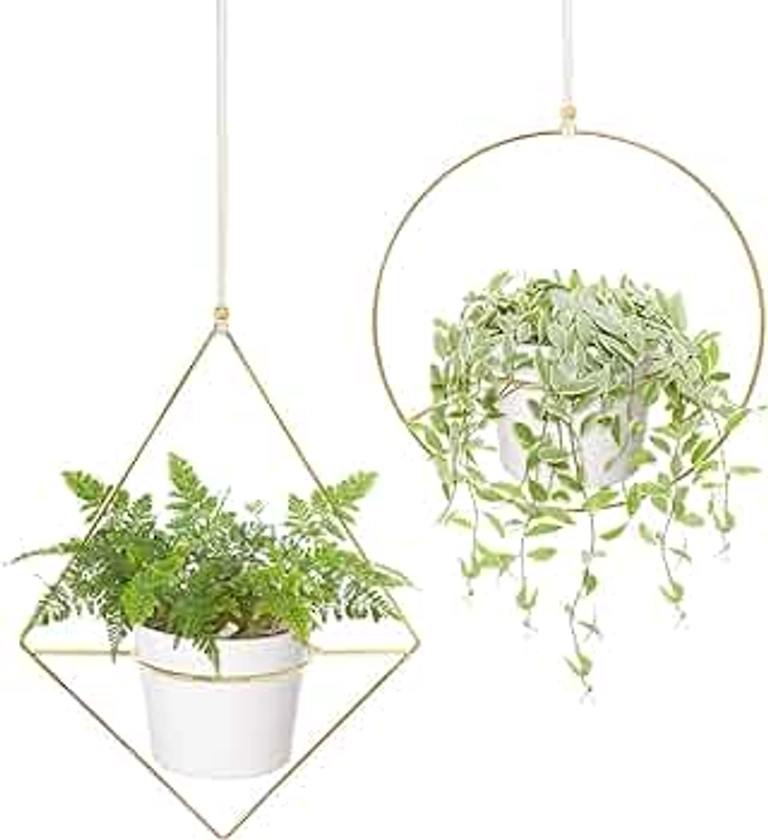 Mkono Boho Metal Hanging Planter with Plastic Pots, Set of 2 , Modern Mid Century Flower Pot Plant Holder in Diamond and Circle Shape, Fits 6 Inch , Gold