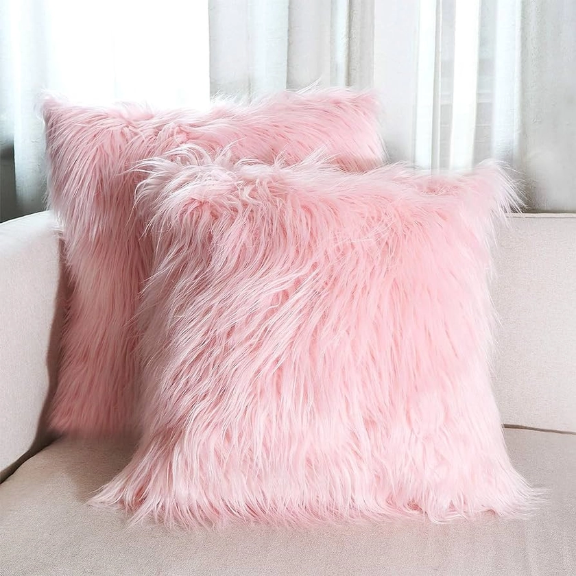 Amazon.com: AerWo Set of 2 Pink Fluffy Pillow Covers, New Luxury Series Merino Style Blush Faux Fur Decorative Throw Pillow Covers Square Fuzzy Cushion Case 18x18 Inch : Home & Kitchen