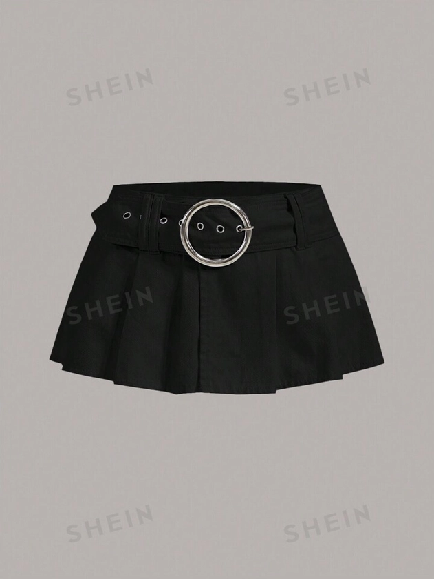 SHEIN ICON Falda en mezclilla unicolor con cinturón fruncido con cinturón