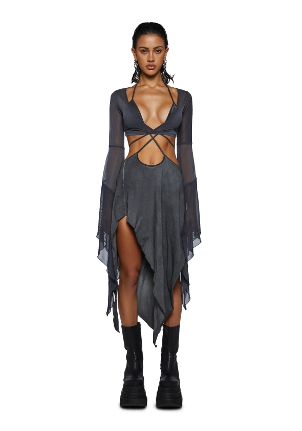 Darker Wavs Asymmetrical Mesh Wrap Midi Dress - Washed Black