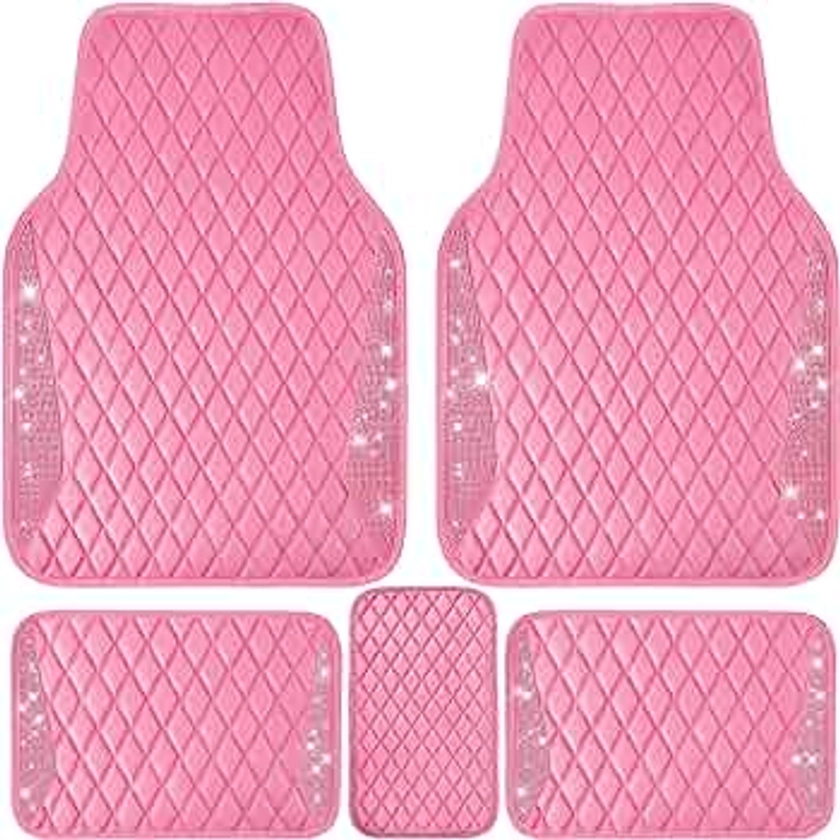 CAR PASS Bling Leather Car Mats Shining Diamond Floor Mats Crystal Rhinestones Sparkly Glitter Carpet Anti-Slip Waterproof Pad Universal Fit for Automotive SUV, Sedan, Van, 5pcs for Girl Women Pink