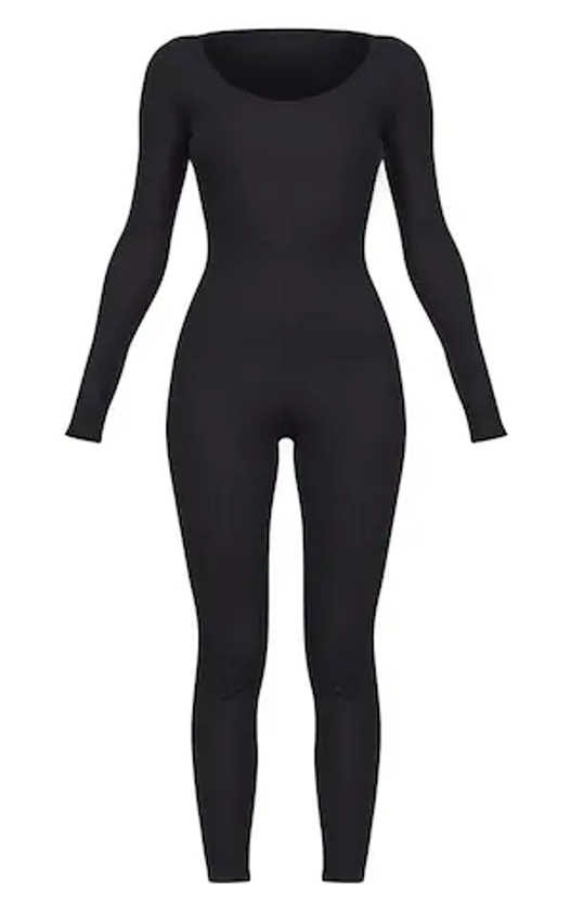 Black Ribbed Long Sleeve Scoop Neck Jumpsuit