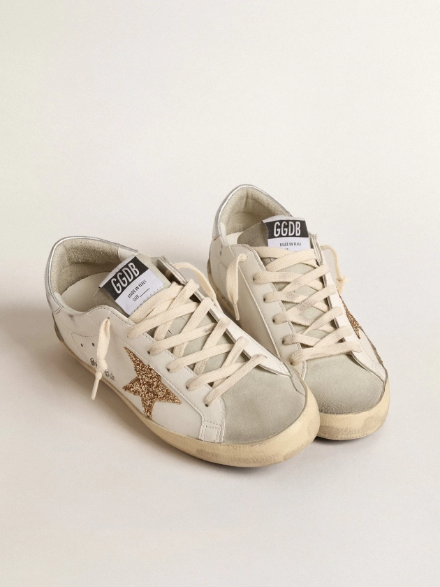 Women's Super-Star with gold glitter star and ice-gray suede inserts | Golden Goose