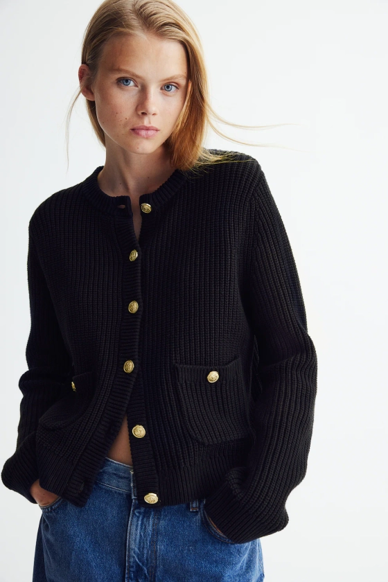 Rib-knit cardigan - Round neck - Long sleeve - Navy blue - Ladies | H&M GB