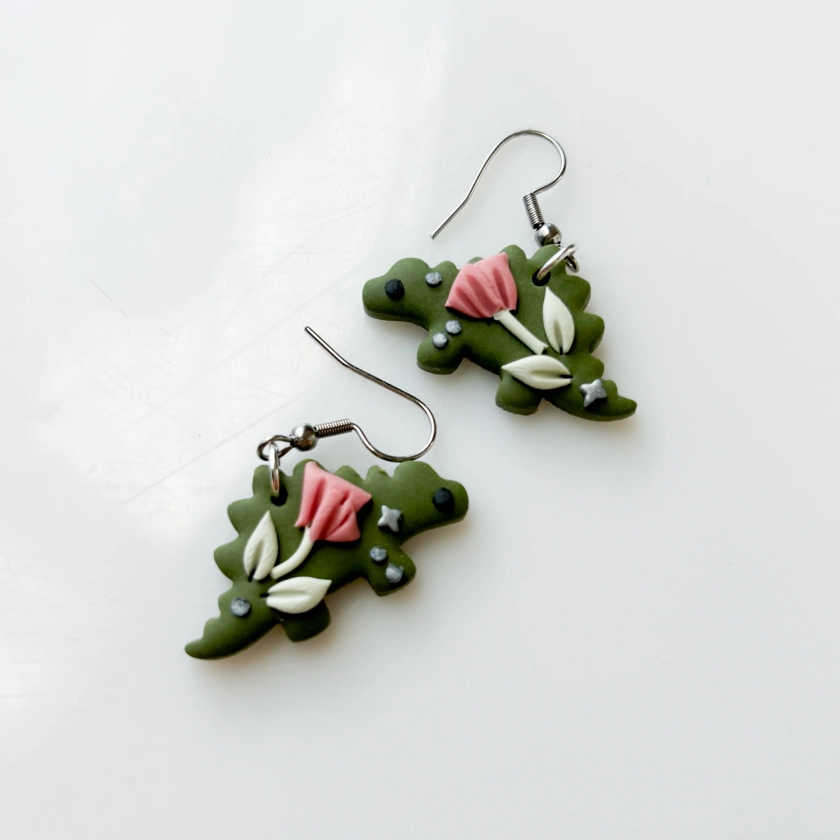 GREEN PEONY DINO EARRINGS