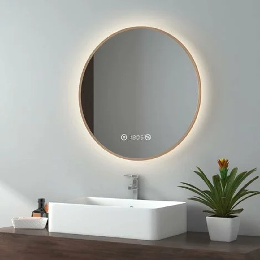 EMKE Miroir lumineux salle de bain rond diamètre 60cm Cadre Doré, Miroir LED avec Interrupteur Tactile, Anti-buée, Horloge et Temperature, Lumière Neutre