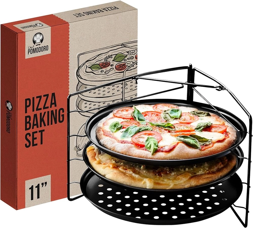 Chef Pomodoro Pizza Baking Set with 3 Pizza Pans and Pizza Rack, (28cm Pans), Non-Stick Perforated Pizza Trays for Oven, Pizza Pan with Holes, Pizza Pan for Oven, Barbeque, Bakeware Supplies : Amazon.co.uk: Home & Kitchen