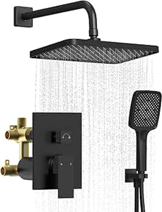 Upgraded Shower System for Bathroom: Aposhion 12 Inch Square Rainfall Shower Faucet Set Rough-in Pressure-balanced Valve with Handheld Sprayer, Wall Mounted Luxury Rain Shower Faucet Kit Complete