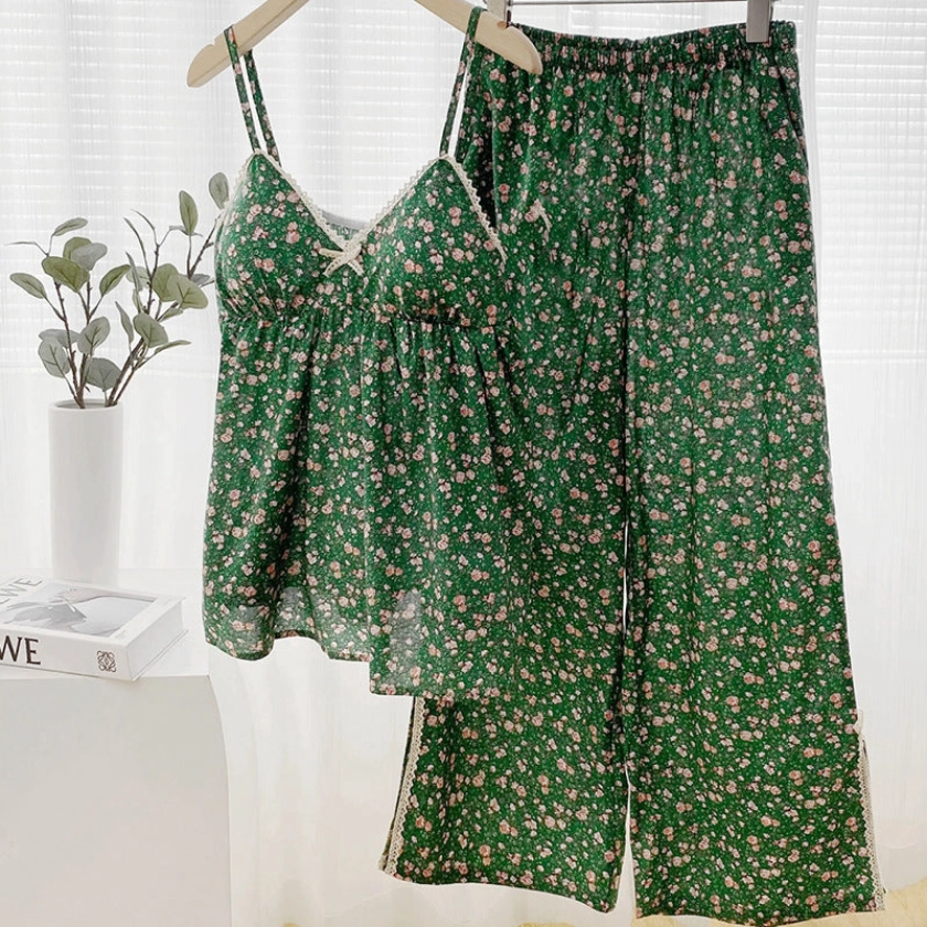 Lace Floral Cotton Tank and Pants Pajama Set / Green