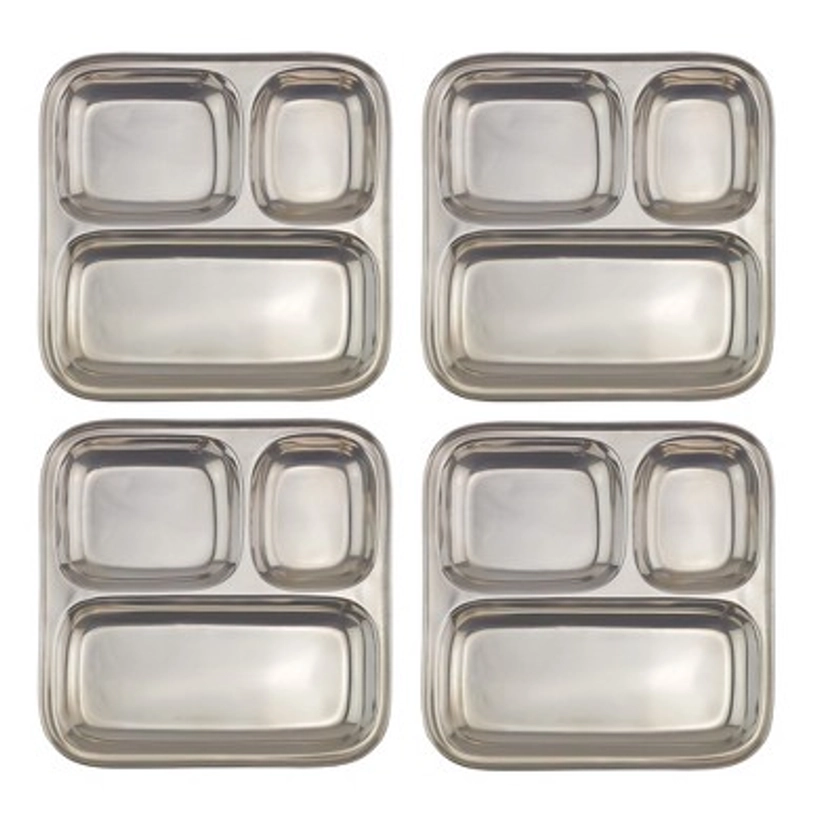 Darware Stainless Steel Divided Plates/Compartment Trays 4pk; Inches Oblong 3-Section Mini Mess Trays for Lunches, Kids, Portion Control & More