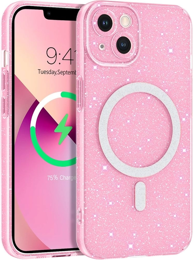 BENTOBEN for Magnetic iPhone 13 Case, Phone Case iPhone 13 [Compatible with Magsafe] Sparkly Shinny Bling Glitters Shockproof TPU Bumper Drop Protective Girls Women Boy Men iPhone 13 6.1" Cover, Pink