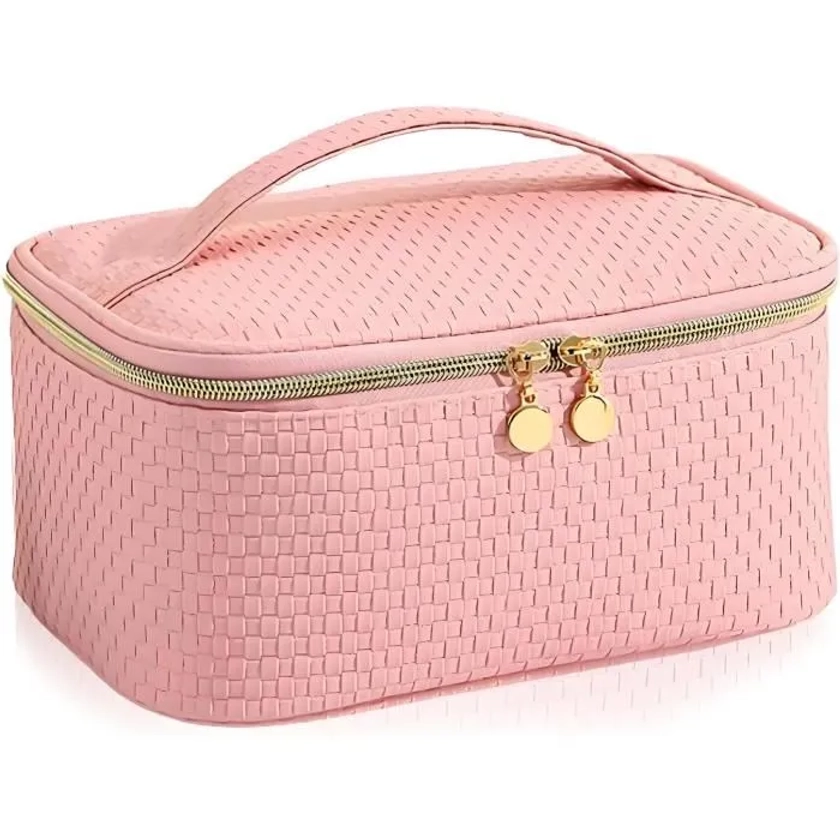 Trousse de toilette pour femme - Rose - En cuir synthétique - Grande trousse de maquillage - Avec compartiment poitrine , Rose