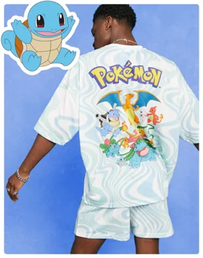 ASOS DESIGN oversized t-shirt with Pokemon all over prints in blue - part of a set