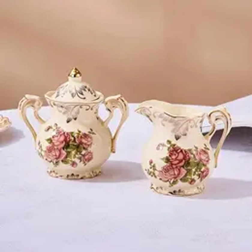 Vintage Floral Pattern Porcelain Milk Jar & Tea Pot (2pcs/set), Afternoon Tea Coffee Set, Tea & Coffeeware for Home Kitchen