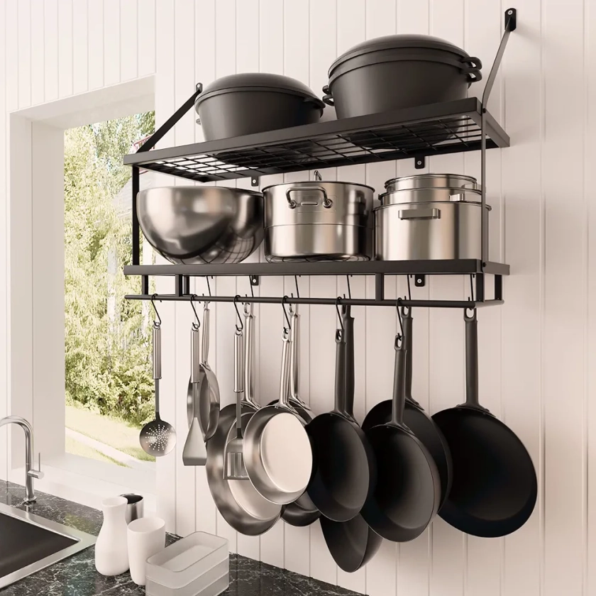 KES 76CM Kitchen Pot Rack - Mounted Hanging Rack for Kitchen Storage Matte Black 2-Tier Wall Shelf for Pots and Pans with 12 Hooks - KUR215S75B-BK