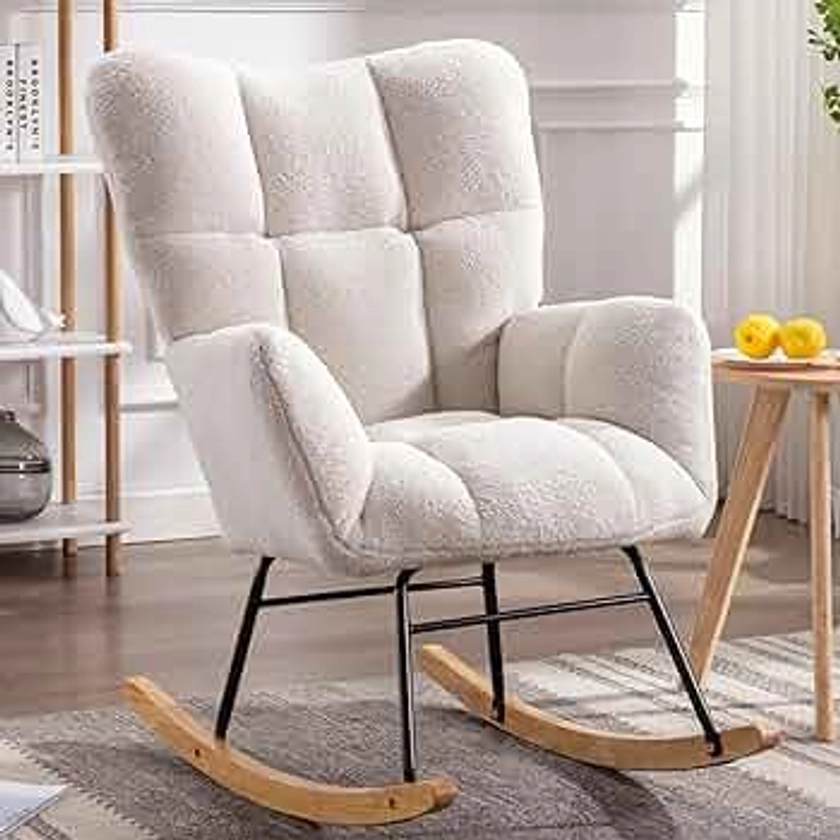 DEKKETO Nursing Rocking Chair, Teddy Rocking Chair for Nursery, Comfy Rocking Armchair with High Backrest for Adults Living Room Bedroom, Ivory