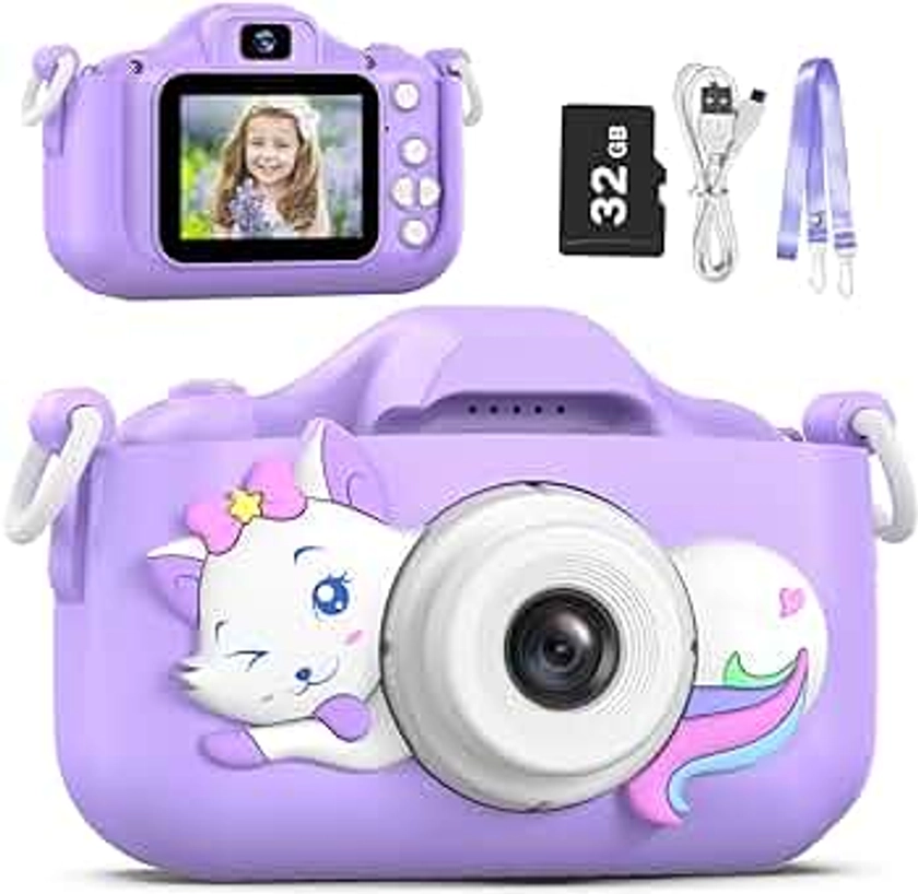 Goopow Kids Selfie Camera Toys for Girls Age 3-9, Digital Video Camera Toy with Protective Cover,Christmas Birthday Festival Gifts for 3-9 Year Old Girls Boys- 32GB SD Card Included (DC-H21-PURPLE)