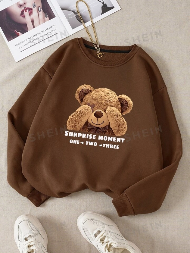 SHEIN Qutie Bear And Letter Graphic Thermal Lined Sweatshirt