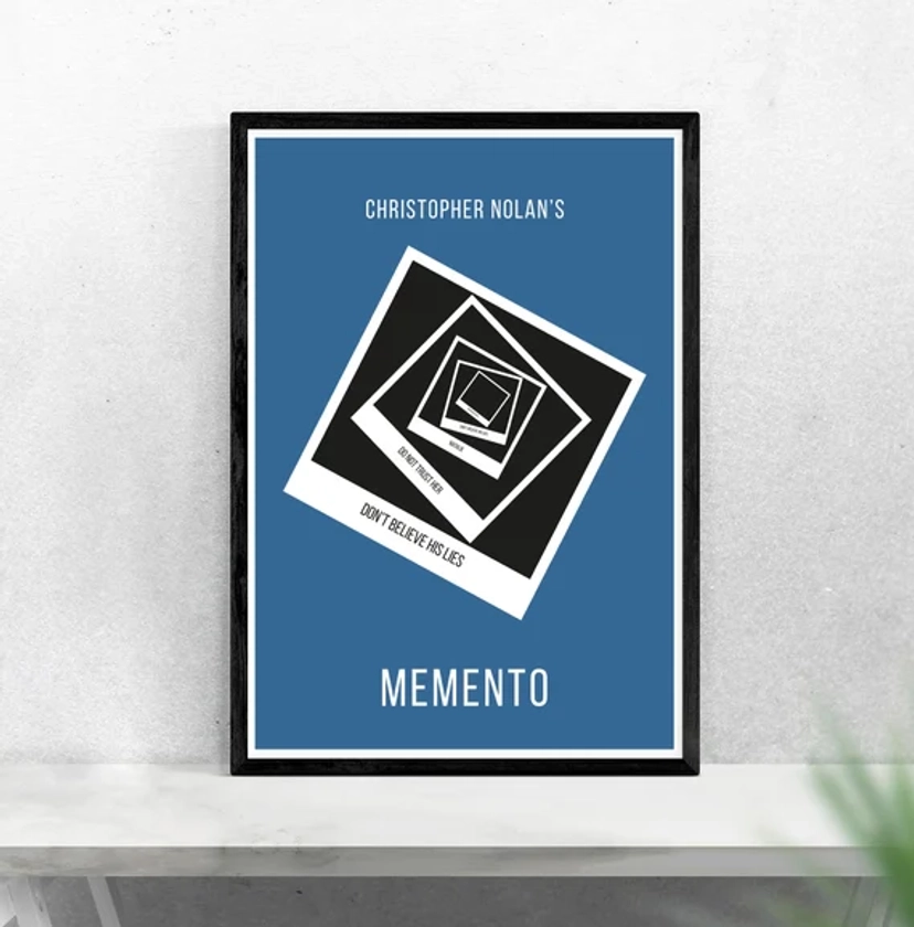 Memento inspired print minimalist movie poster / print / gift - Christopher Nolan for offices, bedroom, dorm room wall art and decor