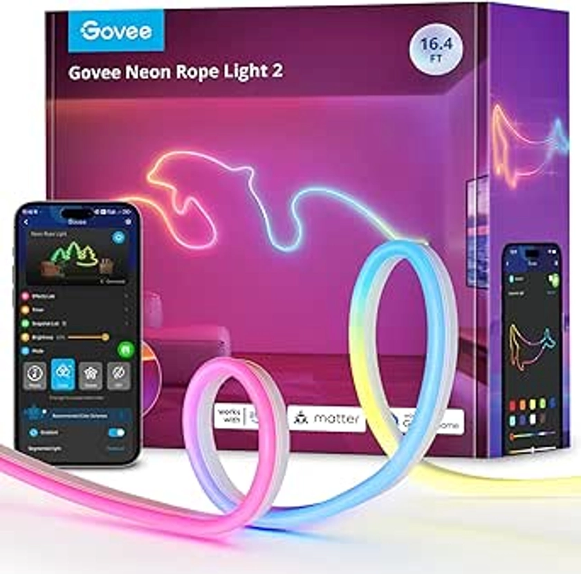 Govee Neon Rope Light 2, 5m RGBIC Neon LED Strip Lights with Shape Mapping, DIY Design, Work with Matter, Alexa and Google Assistant, Neon LED Lights with Bend Clips for Bedroom Wall Decor, White [Energy Class G]