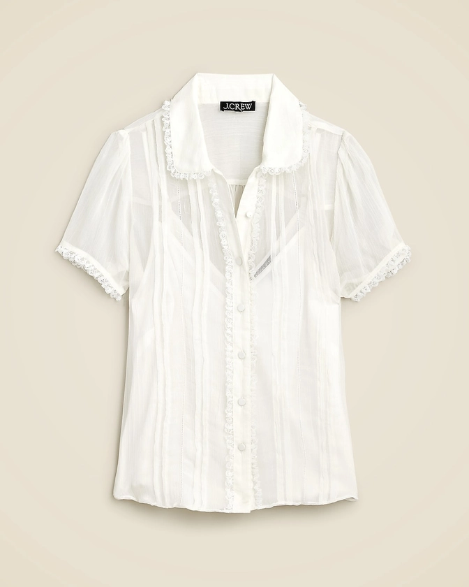 Sheer lace-trim button-up shirt