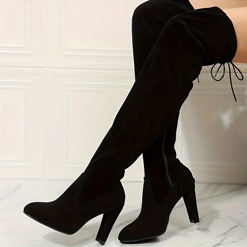 Women's Solid Color Block Heeled Boots, Fashion Side Zipper Dress Pumps, Stylish Over The Knee Boots