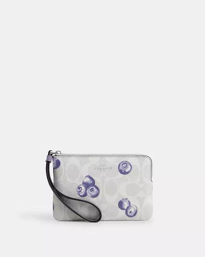COACH® | Corner Zip Wristlet In Signature Canvas With Blueberry Print