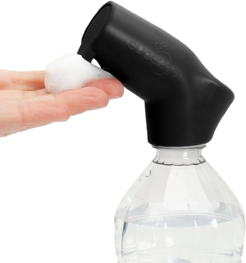 Suds2Go Refillable Caps, 2 Pack - Universal Fit Turns Most Disposable Water Bottles Into A Hand Washing Station - Includes Refillable Soap Reservoir - Conveniently Sized to Take on the Go - Black