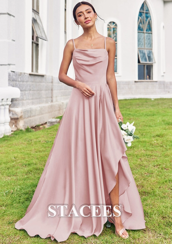 A-line Cowl Neck Sleeveless Floor-Length Stretch Satin Bridesmaid Dress with Pleated Ruffles Split S7494B - Bridesmaid Dresses - Stacees 