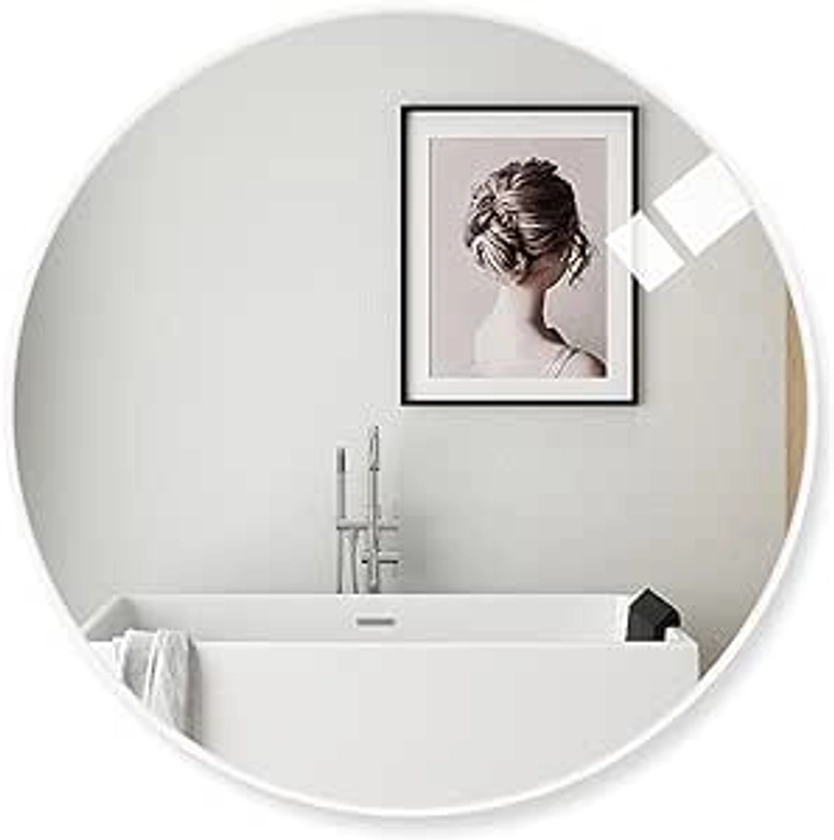 Amazing Tour 50cm Large Modern Round Mirror White Brushed Frame Wall Mirror Metal Framed HD Glass Wall Mirror for Makeup Bathroom Living Room