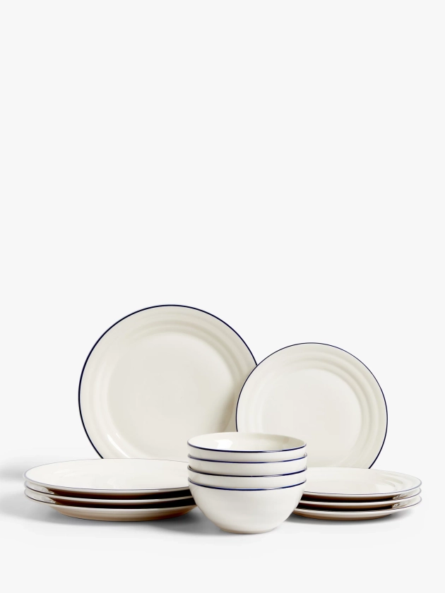 John Lewis & Partners Harbour Blue Rim Dinnerware Set, White/Blue, 12 Piece