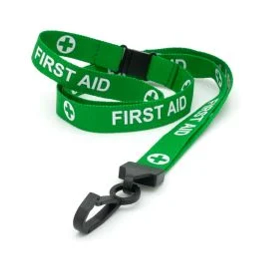 First Aid Lanyards Pre-Printed Breakaway With Plastic Clip Green