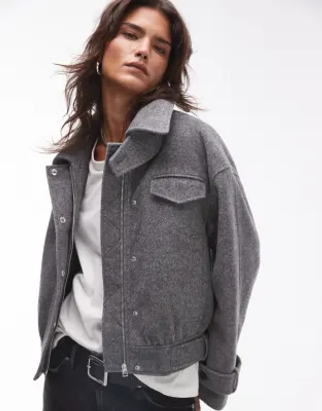 Topshop - Bomber en laine avec languette - Gris | ASOS