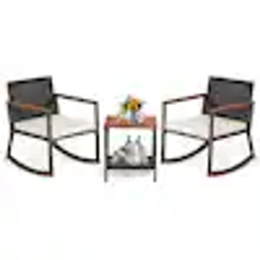 3-Pieces Wicker Patio Conversation Set Rattan Rocking Chair Bistro Set with Storage Shelf and Off White Cushions