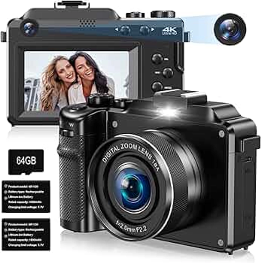 4K Digital Camera for Photography,Dual Lens 48MP Autofocus Anti-Shake Vlogging Camera for YouTube,18X Digital Zoom Compact Travel WiFi Points and Shoot Cameras with 64GB TF Card & 2 Batteries