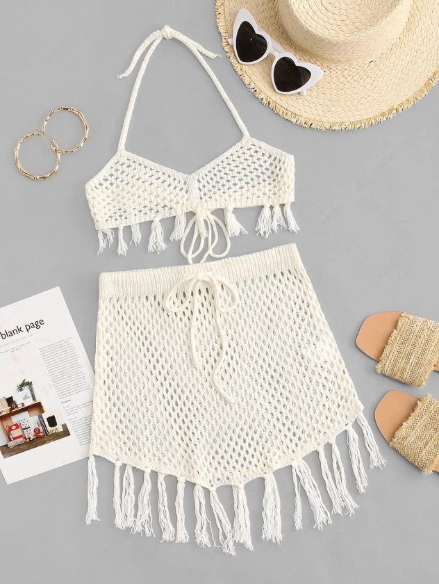 Halter Crochet Fringed Openwork Skirt Set: White