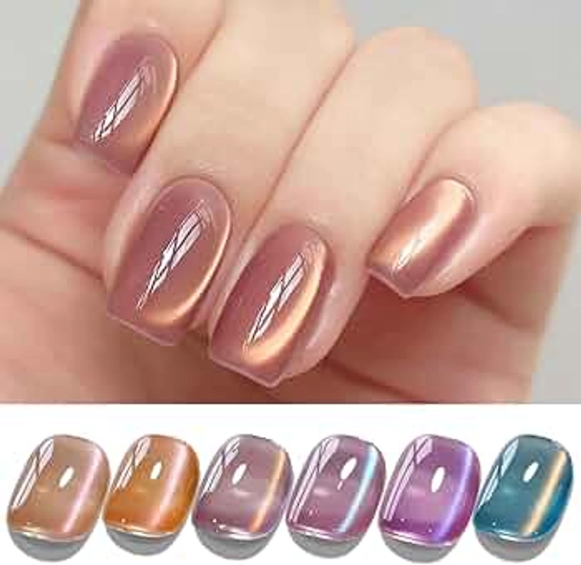 Double Rhythm Cat Eye Gel Nail Polish Set of 6 Colors Shimmer Glitter with Magnet 9D Holographic Reflective Magnetic UV Nail Polish Kit (Nude Orange Blue Green Purple-Kit 43)