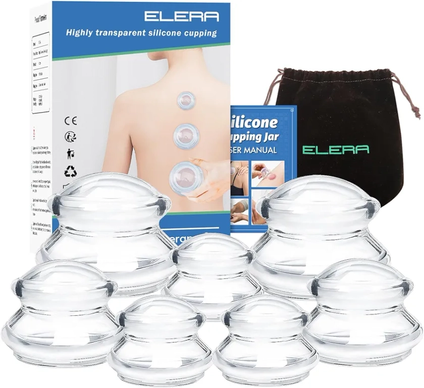 Silicone Massage Cupping Therapy Sets, ELERA Professional Chinese Massage Cups Tools for Joint Pain Relief, Massage Body (7 Cups)