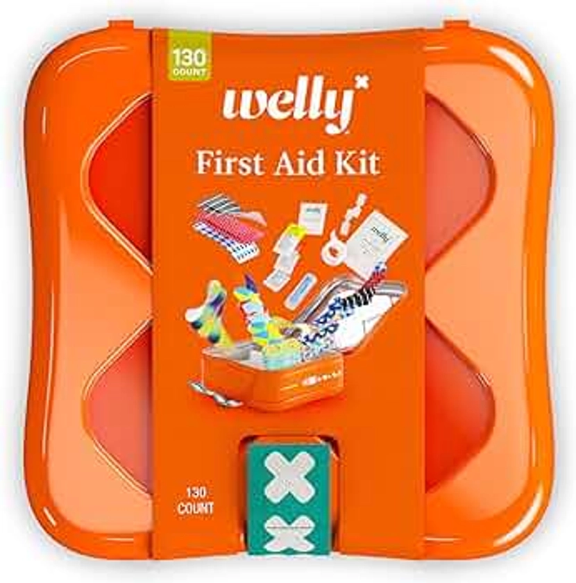Welly First Aid Kit - Adhesive Flexible Fabric and Waterproof Bandages, Tape Non-Stick Pads, Butterfly Strips, Singe Use Ointments Triple Antibiotic Hydrocortisone, Ibuprofen 130 Count