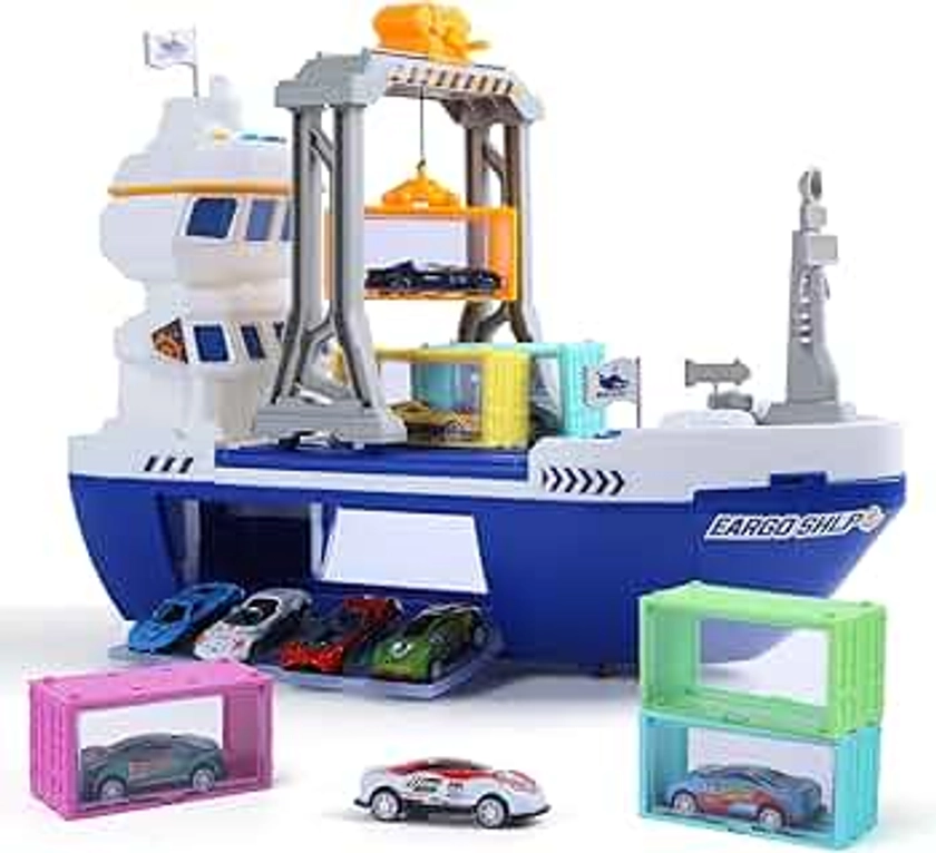 CUTE STONE Cargo Ship Toy & Gantry Crane, Toy Boat and Crane Playset with Sounds & Lights, Transport Containers, Push and Go Vehicle Cars, Kids Play Boats for Boys Girls