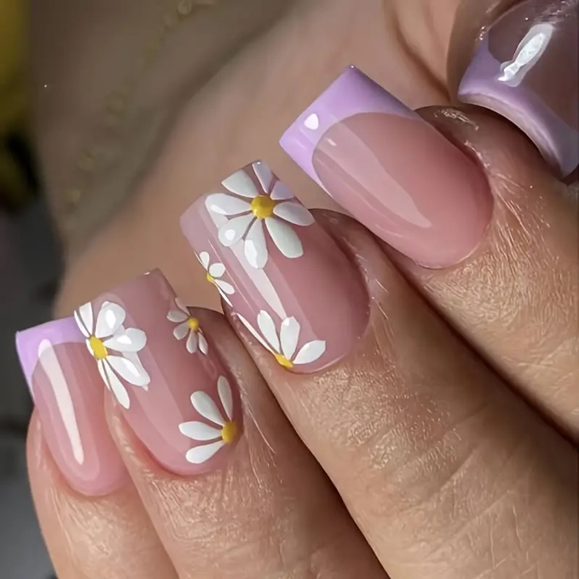 Purple French Press On Nails Square Glossy Sun Flower False Nails Ballerina Full Cover * Nail Tips Acrylic Nail Art DIY Stick On Nails For Women 24