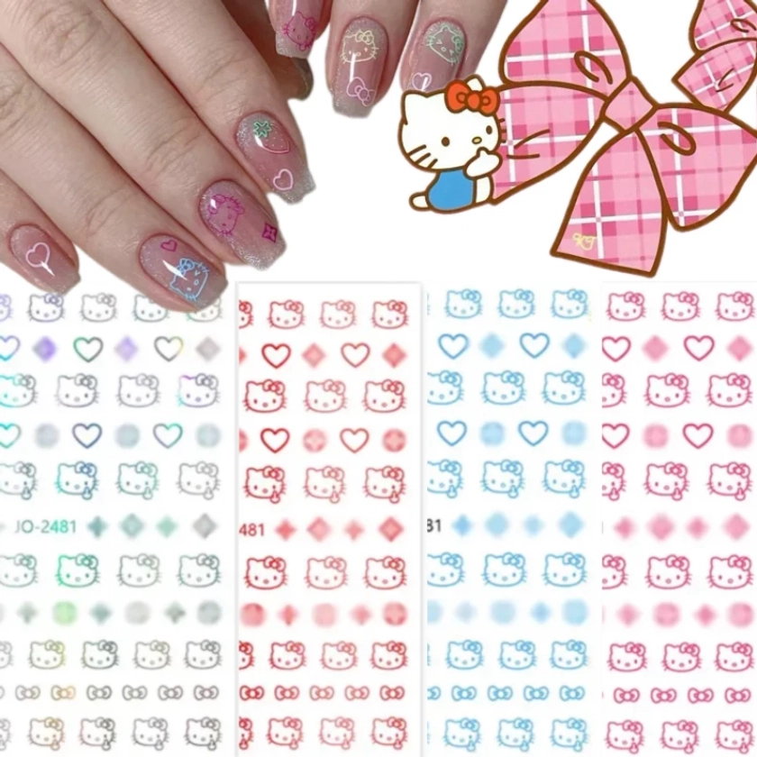 1PCS Cartoon Hello Kitty Nail Sticker Laser Various colors Anime Stickers Nail Art Decoration DIY Press On Nails