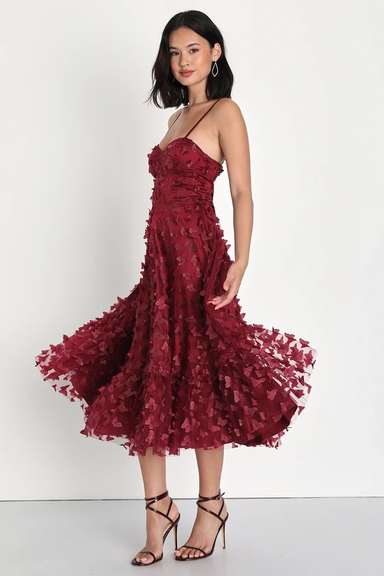 Time to Fly Burgundy Butterfly Lace-Up Midi Dress